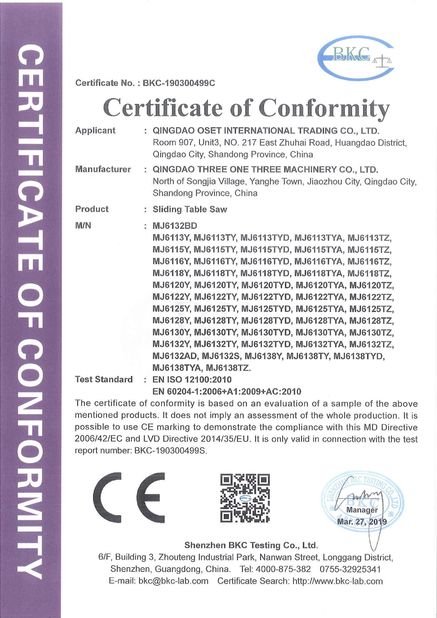 China QINGDAO OSET INTERNATIONAL TRADING CO., LTD. Certificaten